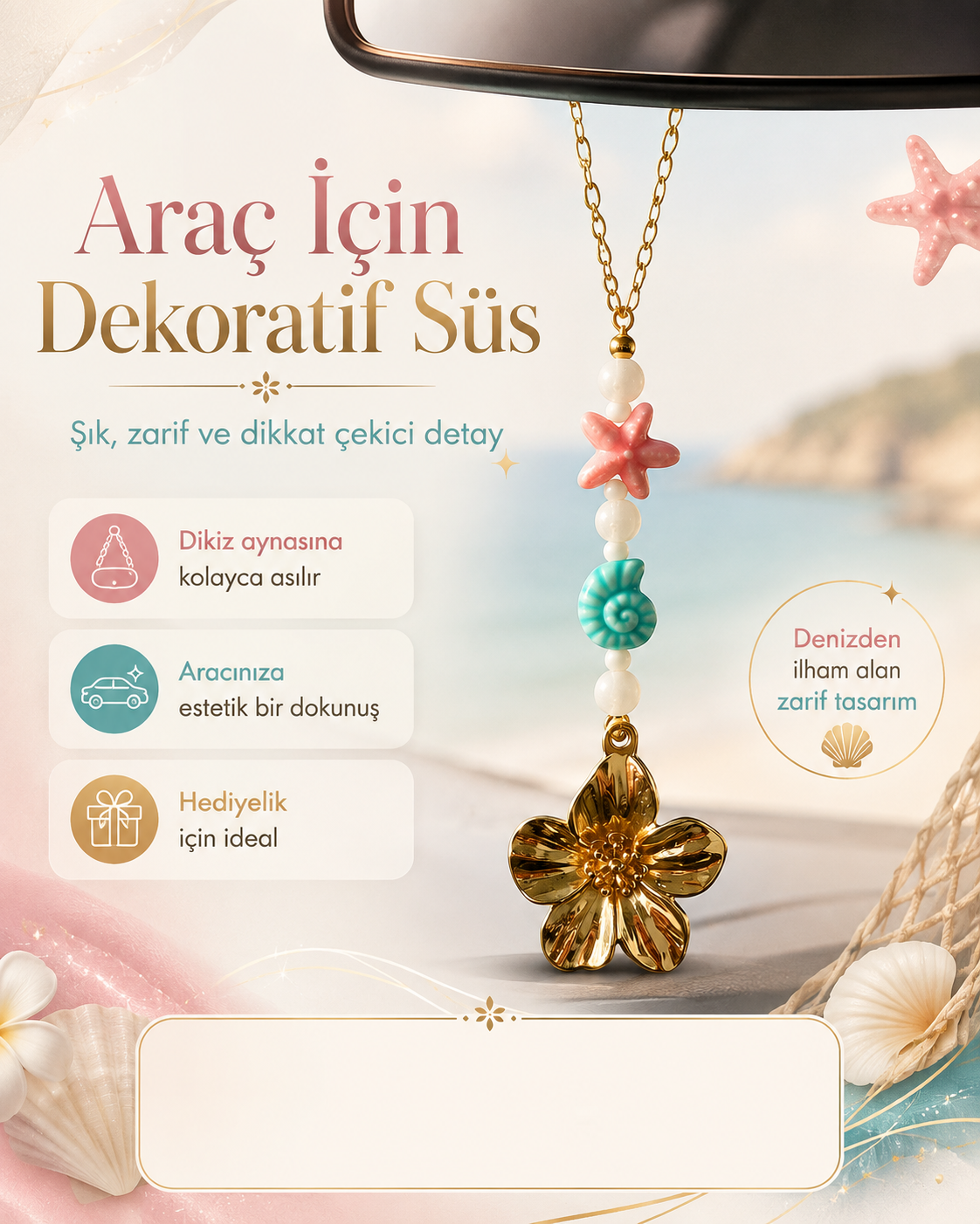 Büyük Çiçek Charm Boncuk Araç Süsü, Dikiz Aynası Süsü
